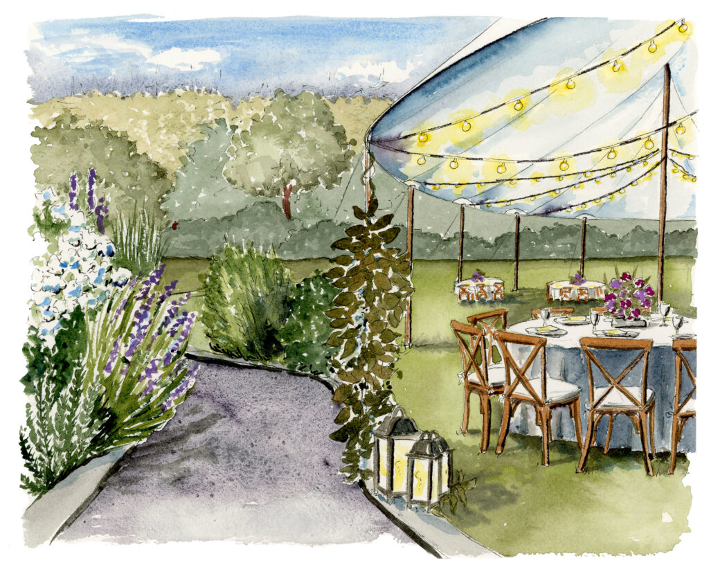 Watercolor rendering of tented wedding at Quince Blossom Ridge